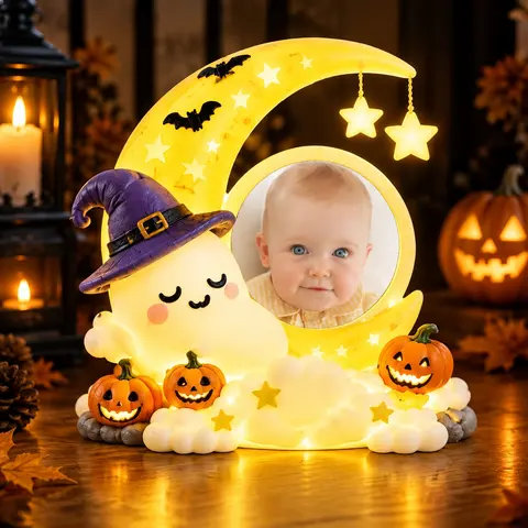 Personalized "Crescent Moon & Cute Ghost" Kids Photo Halloween Led Night Light