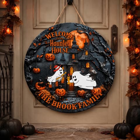 Custom Family Name Halloween Door Sign, Ghost Haunted House Decor, Personalized Pumpkin Mansion Hanging Sign, Cute Spooky Home Gift