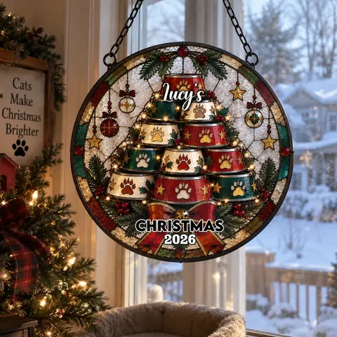 Custom Cat Bowl Christmas Tree Suncatcher Decor