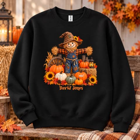 Personalized Autumn Sweatshirt Custom Scarecrow And Name, Pumpkin Sunflower Harvest Shirt