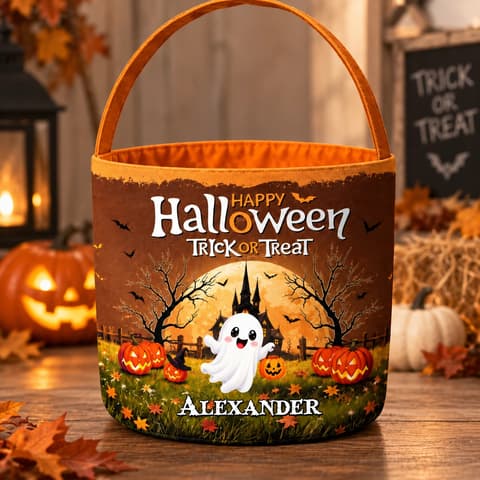 Personalized Trick Or Treat Candy Bucket Custom Character And Name, Happy Halloween Ghost Pumpkin Bag