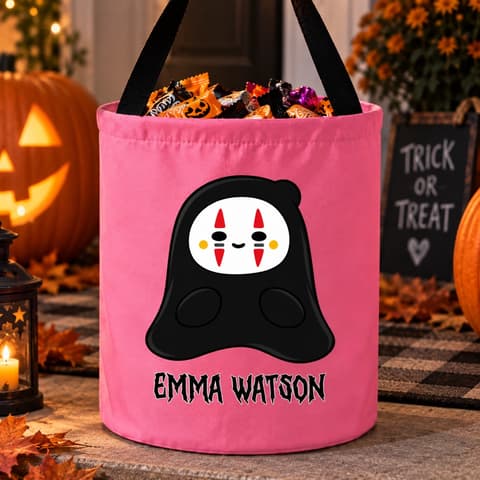Personalized Ghost Halloween Treat Bag Custom Character And Name, Cute Black Ghost Candy Bucket, Pink Trick Or Treat Kids Gift