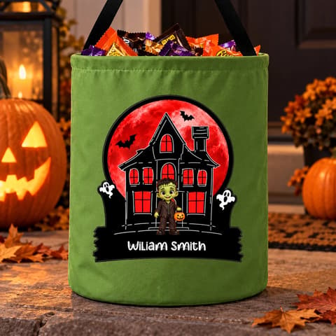 Personalized Frankenstein Trick Or Treat Bag Custom Character And Name, Red Moon Haunted House Candy Bucket