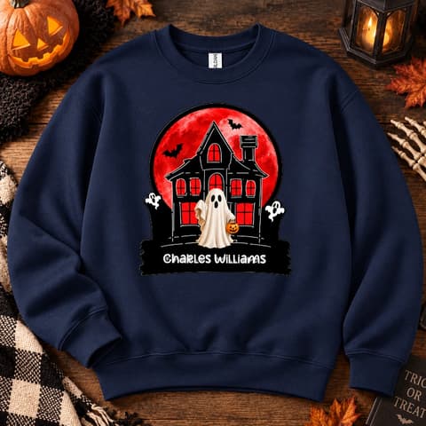 Red Moon Haunted House Sweatshirt - Personalized Ghost Halloween Crewneck Custom Character And Name