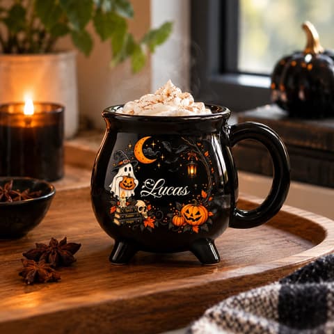 Personalized Cauldron Mug Custom Name, Witch Ghost Pumpkin Coffee Mug, Spells Potions Magic Halloween Cup, Cute Gothic Gift For Her