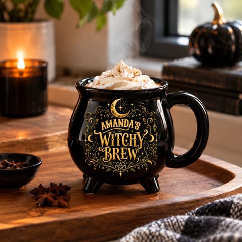 Personal Potion Style My Witchy Brew Personalized Cauldron Mug, Custom Name Gothic Moon Coffee Cup, Halloween Gift For Witch Lovers