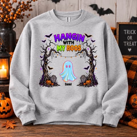 Hangin With My Boos Sweatshirt - Personalized Ghost Halloween Crewneck Custom Character And Name