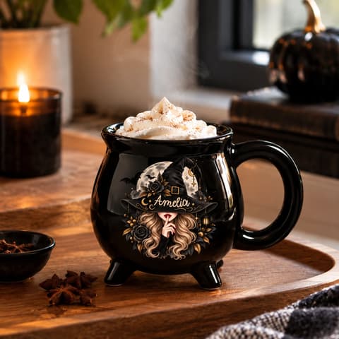 Personalized Halloween Cauldron Mug Custom Name, Mysterious Witch Woman Coffee Cup, Gothic Moon Rose Magic Mug, Spooky Halloween Gift
