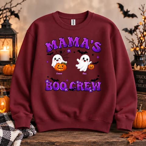 Mama'S Boo Crew Ghost Pumpkin Shirt - Personalized Halloween Mama Sweatshirt Custom Characters And Names