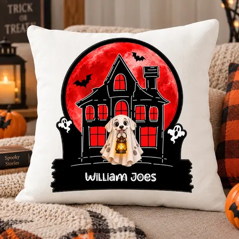 Ghost Costume Dog Haunted House Pillow - Personalized Pet Halloween Throw Pillow Custom Character And Name