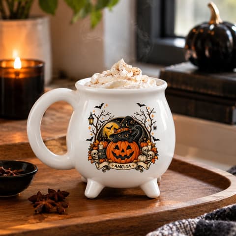 Personalized Halloween Cauldron Mug Custom Name, Black Cat Pumpkin Witch Mug, Spooky Harvest Coffee Cup, Cute Gothic Halloween Gift