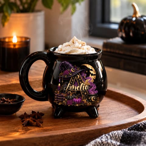 Custom Name Cauldron Mug, Personalized Witch Potion Halloween Cup, Purple Gothic Moon Coffee Mug, Witchy Gift For Her