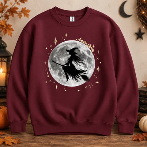 Custom Name Halloween Sweatshirt Flying Witch And Moon Design With Background Options