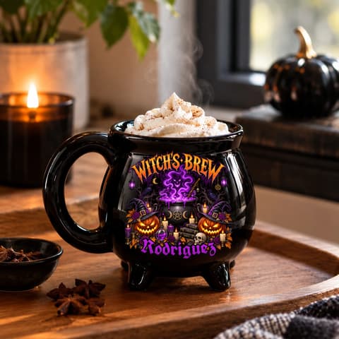 Custom Name Halloween Cauldron Mug, Personalized Witch’S Brew Coffee Cup, Purple Potion Pumpkin Mug, Gothic Gift For Her