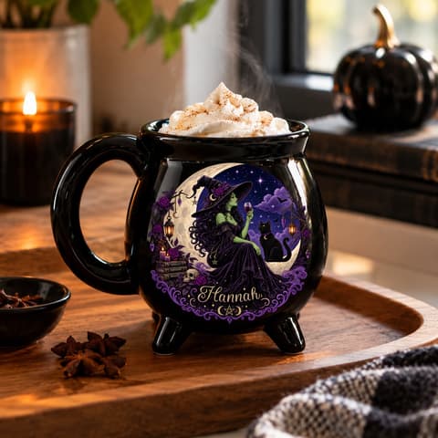 Personalized Halloween Cauldron Mug Custom Name, Midnight Witch And Black Cat Coffee Cup, Purple Moon Magic Mug, Witchy Gift For Her