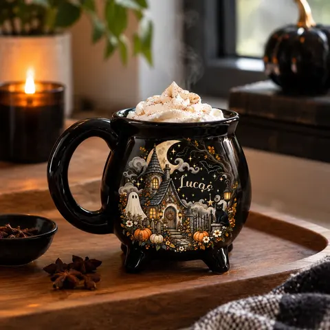 The Haunted Cottage Under The Moon Personalized Mug, Custom Name Ghost Cat Cauldron Cup, Halloween Coffee Gift
