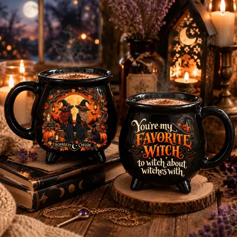 Custom Names Two Sided Cauldron Mug, Favorite Witches Halloween Coffee Cup, Personalized Witch Friendship Mug, Spooky Gift For Her