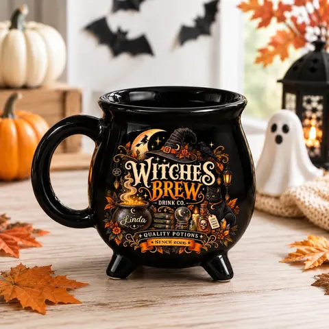 Custom Name Witch’S Brew Cauldron Mug, Personalized Halloween Coffee Cup, Gothic Potion Witch Mug, Spooky Gift For Her