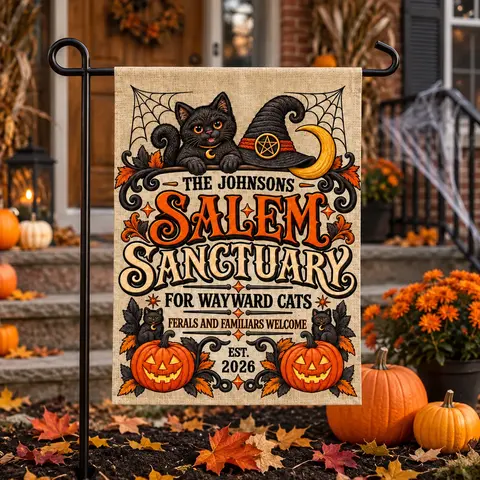 Personalized Halloween Welcome Flag Custom Family Name And Year, Salem Sanctuary Cat Garden Flag, Black Cat Pumpkin Witch Decor, Spooky Yard Gift