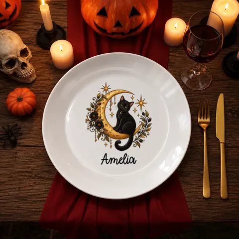 Personalized Halloween Plate Custom Name, Black Cat Moon Decor, Crescent Moon Witchy Plate, Gothic Cat Halloween Gift