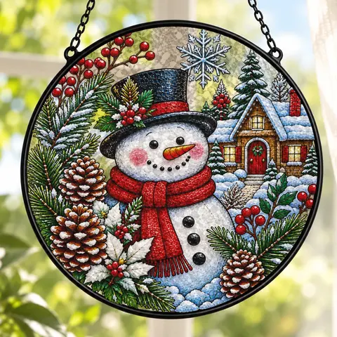 Snowman Christmas Suncatcher, Winter Stained Glass Window Hanging, Snowy Cabin Holiday Decor, Christmas Gift For Family And Friends