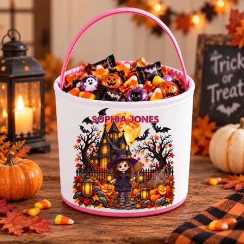 Personalized Halloween Candy Bag Custom Name Witch Character Trick Or Treat Bucket - Kids Halloween Treat Bag