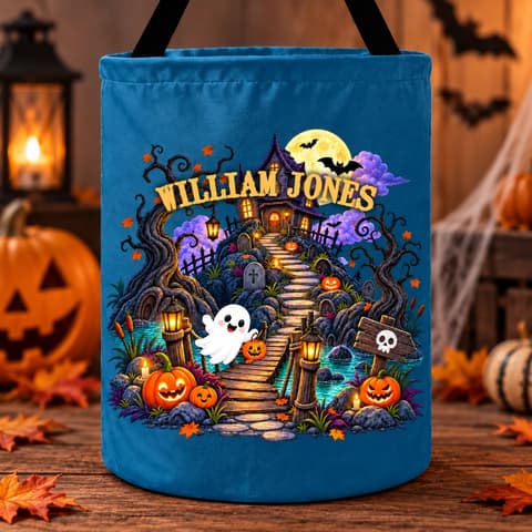 Personalized Halloween Candy Bag Custom Name Haunted House, Witch Character Trick Or Treat Bag