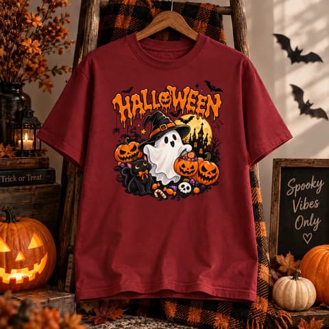 Spooky Cute Halloween Ghost Cat Pumpkins T-Shirt, Retro Halloween Party Tee, Cute Ghost Witch Hat Shirt