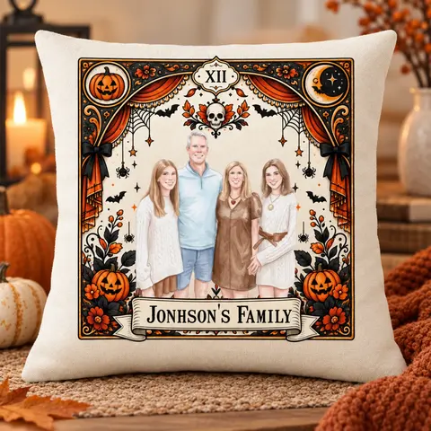 Vintage Haunted Pumpkin Throw Pillow - Personalized Family Halloween Pillow Custom Portrait And Name
