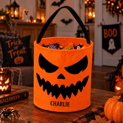Personalized Halloween Candy Bag For Kids Custom Name Scary Pumpkin Face Treat Bag