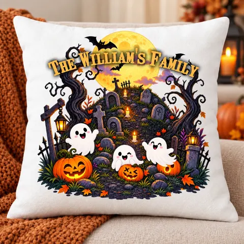 Spooky Ghost Pumpkin Graveyard Cushion - Personalized Family Halloween Throw Pillow Custom Name And Background