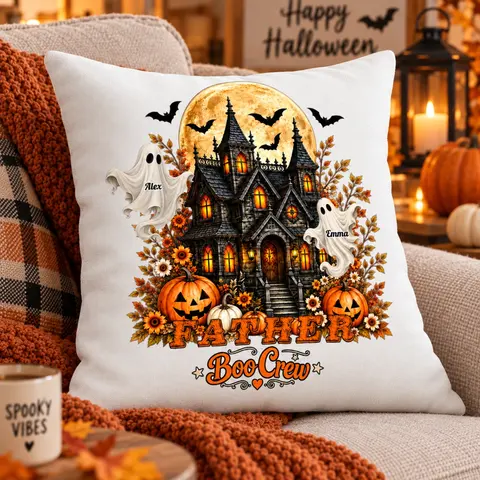 Dad Boo Crew Pillow Personalized Family Names - Halloween Haunted House Ghost Pumpkin Cushion