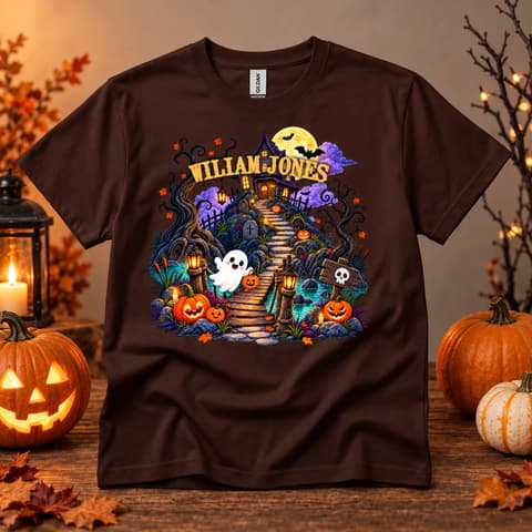 Custom Halloween T-Shirt Personalized Name And Background, Spooky Haunted House Ghost Pumpkin Shirt