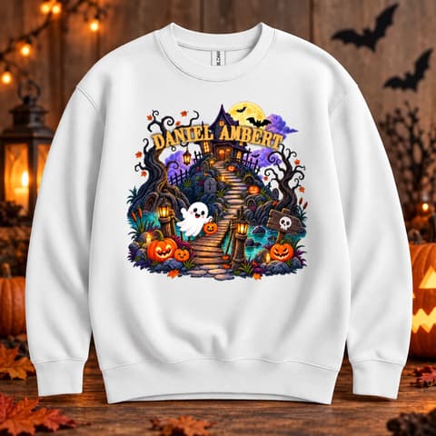 Custom Halloween Sweatshirt Personalized Name And Background, Haunted House Moonlight Ghost Pumpkin Crewneck