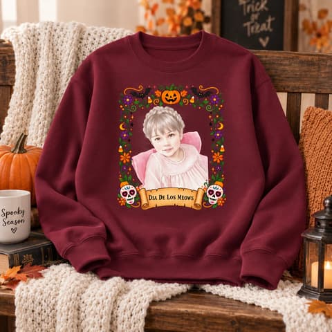Day Of The Dead Sugar Skull Crewneck - Custom Portrait Halloween Sweatshirt Personalized Photo Name