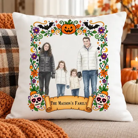 Personalized Family Halloween Throw Pillow Custom Portrait - The Family Name Pillow With Pumpkin Skull Design