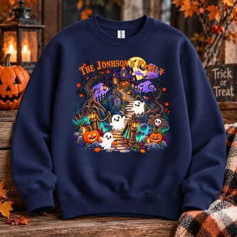 Personalized Family Halloween Crewneck Custom Name And Character, Spooky Haunted House Ghost Pumpkin Sweatshir