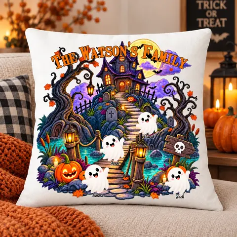 Personalized Family Halloween Throw Pillow Custom Names And Characters, Spooky Haunted Mansion Ghost Pumpkin Cushion