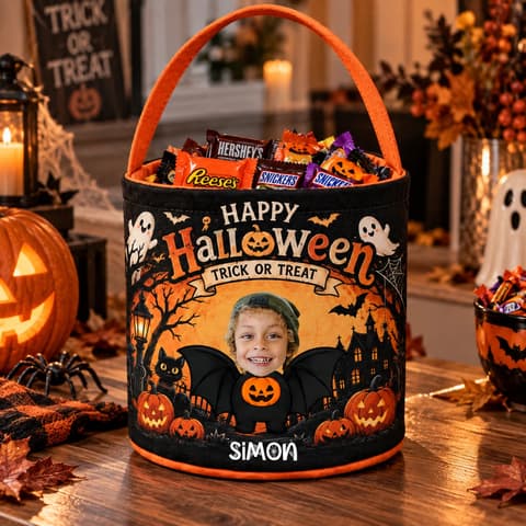 Personalized Halloween Candy Bag Custom Photo Trick Or Treat Bag For Kids – Custom Name Spooky Pumpkin Bat Gift