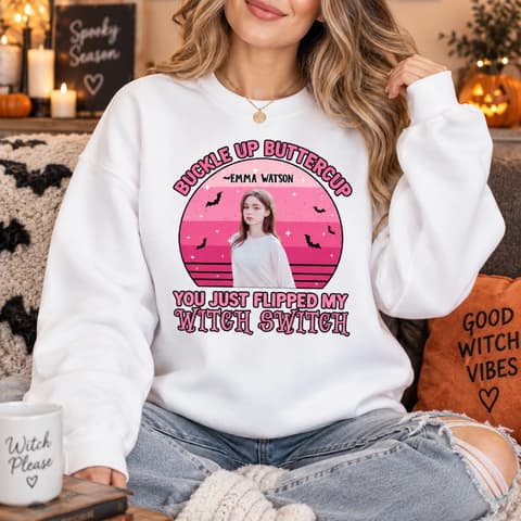 Personalized Witch Halloween Sweatshirt Custom Portrait With Name, Buckle Up Buttercup Shirt, Retro Witchy Crewneck