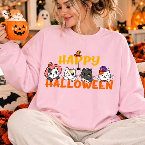 Kawaii Spooky Cats Happy Halloween Graphic Tee