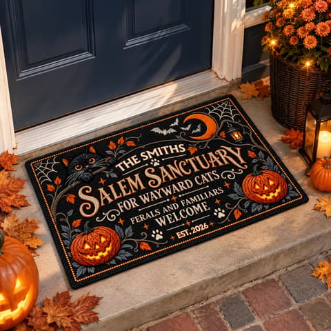 Personalized Halloween Door Mat Custom Family Name & Est Year, Salem Sanctuary Cat Welcome Mat, Black Cat Pumpkin Entryway Decor, Halloween Gift