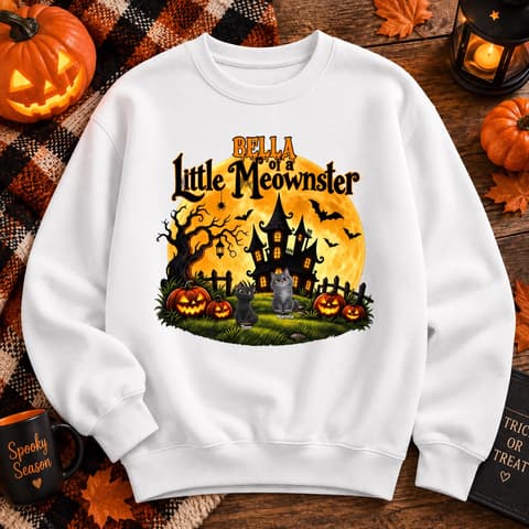 Personalized Cat Halloween Crewneck Custom Character And Name, Little Meowster Pumpkin Ghost House Sweatshirt
