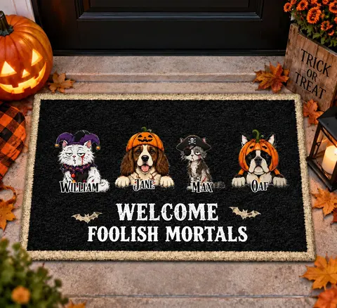 Custom Pet Halloween Doormat Welcome Foolish Mortals
