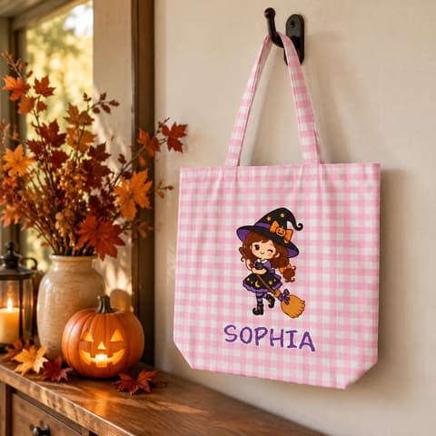 Custom Name Halloween Candy Bag, Personalized Witch Girl Trick Or Treat Bag, Pink Gingham Halloween Tote, Cute Halloween Gift For Kids