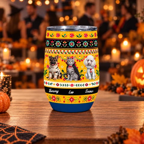Personalized Wine Tumbler Custom Pet Photo & Name – Halloween Pet Lover Gift With Dog & Cat Spooky Design