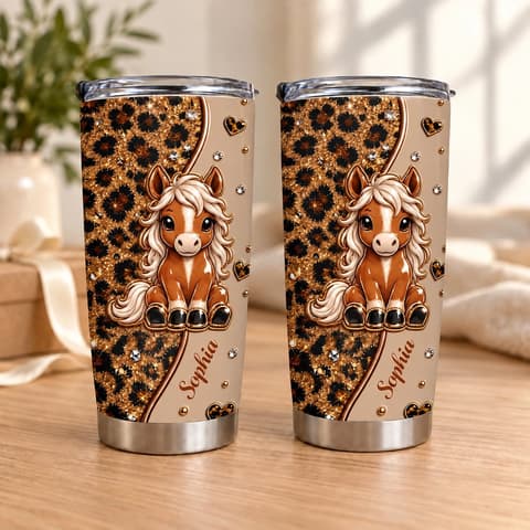 Personalized Cute Horse Tumbler 20oz, Custom Name Glitter Leopard Print Travel Cup