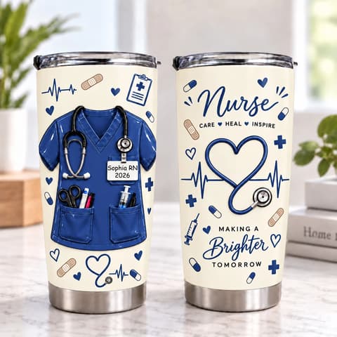Personalized Nurse Tumbler – Custom Name Nurse Scrubs 20oz Stainless Steel Tumbler, Nurse Graduation Gift, Appreciation Gift For Women