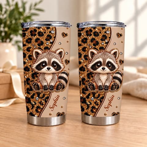 Custom Name Raccoon Tumbler 20oz, Personalized Leopard Print Travel Cup, Cute Raccoon Coffee Tumbler, Animal Lover Gift For Her