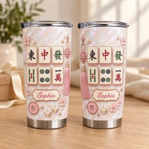 Personalized Mahjong Tumbler – Custom Name Pink Mahjong Tiles 20oz Stainless Steel Tumbler, Mahjong Lover Gift For Women, Mahjong Player Birthday Gift
